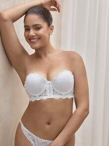 Bralution 1pc Women's White Lace Strapless Lingerie Bra With Underwire, Front Closure, Push Up - White - View 2