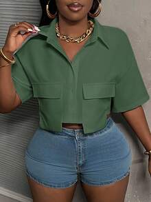 Slaydiva 休闲街头风白色 Polo 领口袋短款上衣，实用口袋短袖衬衫，女士工作衬衫，女士上衣和衬衫，女士短款衬衫，工作衬衫，职业衬衫 - 橄欖綠 - 查看 6
