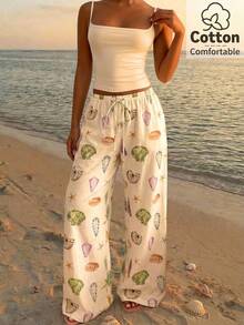 Aloruh 女士春夏休闲新款海星、贝壳印花低腰宽松亚麻抽绳阔腿裤，适合海滩度假 - 彩色 - 查看 2