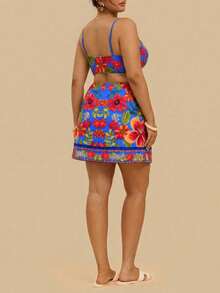 Travachic Plus Size Women's Blue Boho Summer Vacation Holiday Spaghetti Strap Hollow Tropical Floral Print Cropped Elegant Dress,Suitable For Beach Holiday - Multicolor - View 11