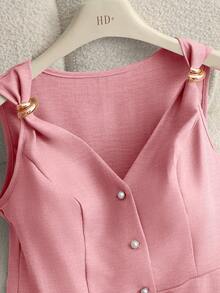 GlowEve Áo tank top không tay cổ chữ V tôn dáng, tối giản, thanh lịch với khóa kim loại, dành cho nữ, thích hợp cho mùa hè. - Hồng - Xem 5