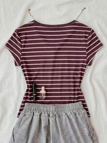 Teen Girls Striped Collar Contrast Button Front Short Sleeve Casual Blouse Mothers Day Outfit Graduation Summer Tops - Coffee Brown - View 2