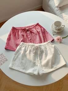 Comfortcana Women's Cute Red And White Checkered Linen Shorts 2 Pieces Set, Summer Home, Spring Vacation Beach Wear, Comfortable Plaid Drawstring Shorts - Multicolor - View 9