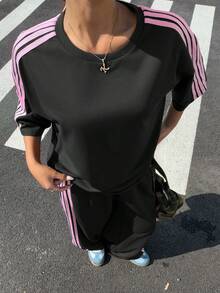 Muchica 女士夏季新款复古棕色编织肩带拼接休闲宽松两件套 - 黑色 - 查看 4