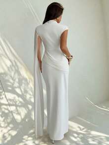 Firerie Vestido largo elegante con drapeado y fruncido, adecuado para uso diario, fiestas, invitados de boda - Blanco - Ver 2