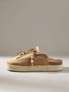 Solecia Solid Color Spring And Summer Daily Fashion Comfortable Casual Fringed Decorative Flats - Brown - View 4