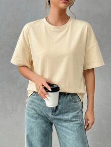 Camiseta holgada de estilo minimalista casual para mujer, con parte delantera corta y parte trasera larga, versátil para usar en la calle, adecuada para primavera y verano - Albaricoque - Ver 6