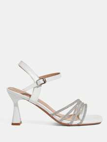 CUCCOO TILAWA Ladies Fashion Square Toe Rhinestone Decorative Elegant High Heel Sandals, Beige Spring Shoes, Spring Break, Easter, Dinner Shoes, Christmas, Valentine's Day High Heels Summer Shoes - Off-white - View 2