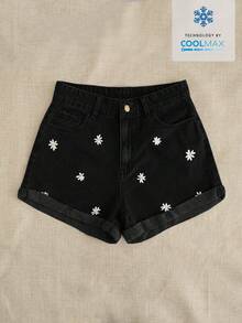 Breezaya Women's Floral Embroidered Pocket Casual Denim Shorts - Black - View 4