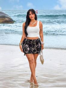 Rustia Minifalda ajustado bordada para mujer talla grande, falda sexy con decoración de flecos, adecuada para vacaciones y citas de primavera/verano - Negro - Ver 4