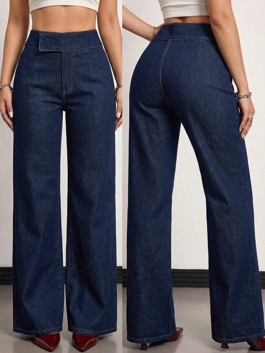 SHEIN Tall Quần jeans nữ ống rộng cạp cao phong cách Y2K màu xanh đậm, cạp quần bất đối xứng, dáng rộng có túi, hoàn hảo cho phong cách đường phố và trang phục hàng ngày. - màu đen - Xem 1