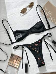 Swim SXY 2026春夏薄荷蓝亮片性感两件式比基尼套装，细肩带系带+三角款式，清新火辣沙滩泳装，凸显身材，吸睛黑色亮片比基尼泳装套装，女士比基尼套装，两件式比基尼，亮片比基尼套装，花卉泳装 - 黑色 - 查看 7