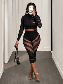 BamGleam Bộ đồ hai mảnh gợi cảm, khoét sâu, xuyên thấu, ôm sát dành cho nữ. - màu đen - Xem 5