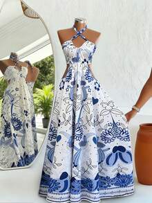 Breezaya 春夏浪漫度假风露背吊带蝴蝶结印花A字修身长裙，适合休闲派对、度假、海滩等场合，尽显优雅气质。 - 彩色 - 查看 2