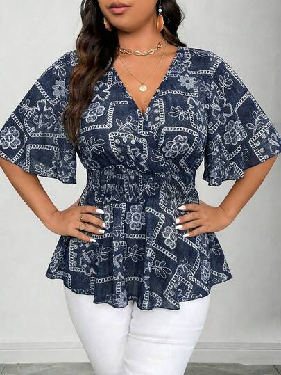 Vionelle Áo kiểu tay ngắn dáng suông, chất liệu giả denim chiffon, thêu họa tiết, cổ chữ V, eo xòe, tay dài, thích hợp mặc thường ngày hoặc công sở, dành cho nữ, size lớn, mùa xuân/hè.