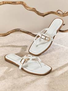 SHUZIA #BeachVacation Women's Square Toe Cushioned Insole Metal Buckle Fine Pu White Thong Slides – Resort Style Summer Sandals - White - View 7