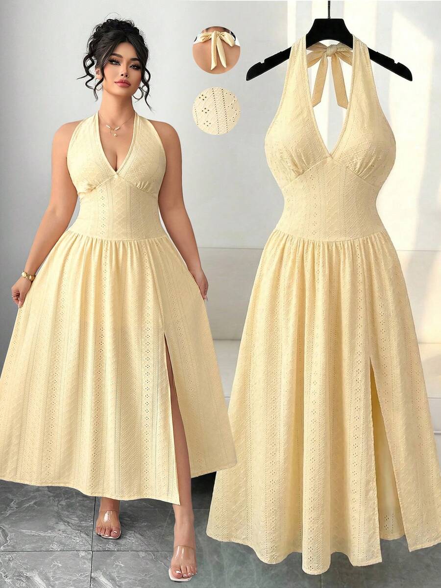 Elenzga Đầm dệt kim thanh lịch cỡ lớn dành cho nữ dự tiệc cocktail cưới - Màu vàng - Xem 1