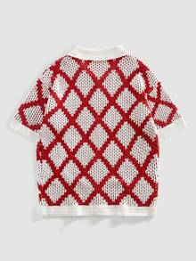 ROMWE MEN Casual Cardigan Polo Lengan Pendek Berkerah Polo Motif Kotak-kotak Merah & Putih Gaya Retro Amerika, Atasan Kasual Chic untuk Pria di Musim Panas - Putih - View 8