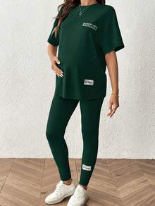 SHEIN 2pcs Maternity Letter Print T-Shirt And Leggings Set - Dark Green - View 6
