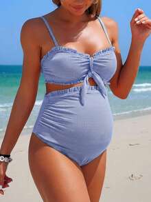 SHEIN Bộ đồ bơi tankini bầu mùa hè 25SS kẻ caro kiểu dáng thường ngày dành cho bà bầu - Màu xanh lam - Xem 5