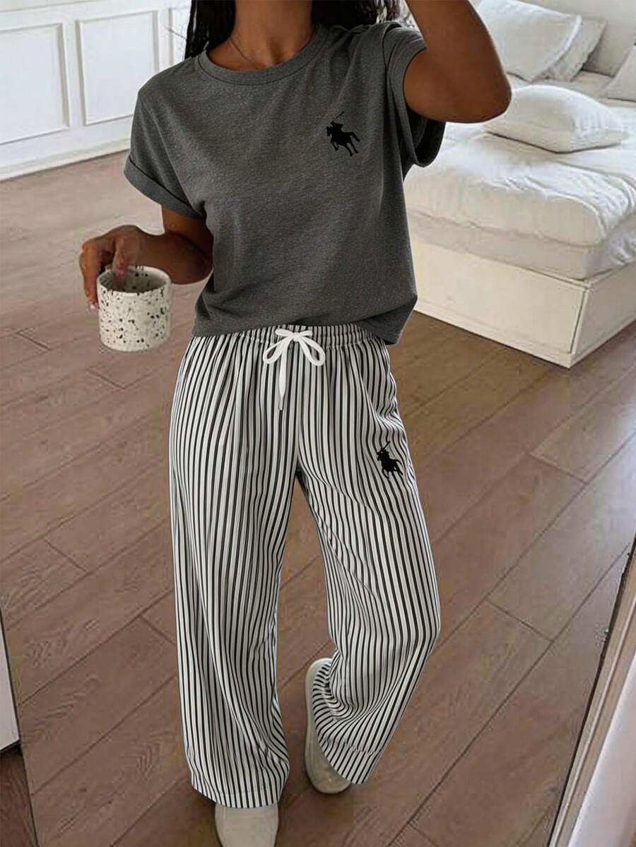 Teen Girls Casual Short Sleeve T-Shirt & Striped Pants Set - Dark Grey - View 1