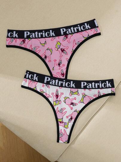 SpongeBob SquarePants | SHEIN 2pcs Women's Letter Waistband Thong Panty Set