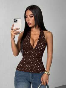 SHEIN PETITE 深V领露背波点吊带背心，收腰A字下摆 - 棕色 - 查看 3