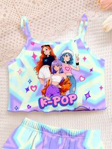 彩色星星图案，K-POP卡通女孩，少女休闲修身吊带背心短裤睡衣套装，适合夏季日常穿着 - 彩色 - 查看 4