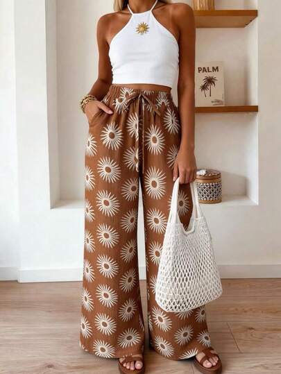 Silhoulove Pantalones rectos de mujer con cordón, sueltos y casuales para vacaciones con bolsillos