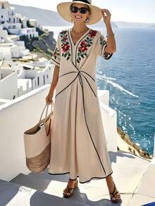 Isle Nomé Women's V-Neck Floral Print Dress, Suitable For Summer Vacation Beige Elegant Sexy - Apricot - View 4