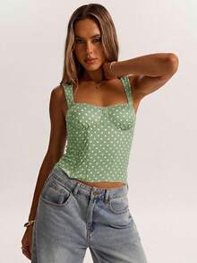SHEIN BAE Parte superior de camisola elegante con lunares negros para fiesta de cumpleaños, fiesta de novias, cita, uso diario y casual, corset lindo y sexy, tops de corset, tops de verano, tops lindos para mujer - verde menta - Ver 5