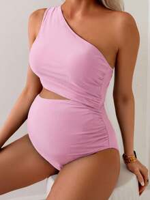 SHEIN Maternity Solid Color Cutout One-Piece Swimsuit - Pink - View 1