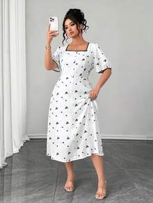 SHEIN Elenzya Vestido de talla grande con estilo retro francés, cuello cuadrado y mangas con volantes con estampado floral diminuto - Albaricoque - Ver 5