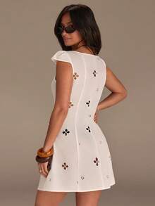 Athîral Women's Hollow Out Embroidery Cap Sleeve Mini Dress, Vacation Style - White - View 2