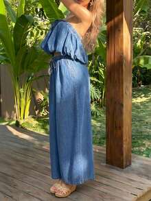 Sunnyshic Áo quây xếp ly thắt nút dành cho nữ và quần jeans ống rộng có túi - Trang phục thường ngày cho kỳ nghỉ. - Màu xanh lam - Xem 5