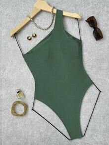 Bonvoyette Solid Color Hollow Out Asymmetric Metal Decor Swimsuit, One-Piece, Suitable For Beach Vacation - Dark Green - View 2