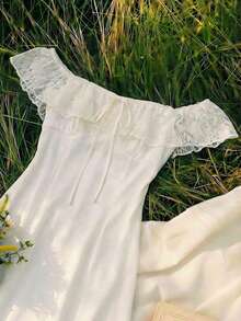 Franclia Đầm satin ren xếp tầng trễ vai thanh lịch, tinh tế kiểu Pháp lãng mạn dành cho nữ, thích hợp cho các buổi đi chơi và hẹn hò mùa xuân/hè. - Màu be - Xem 4