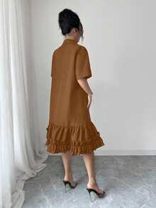 Selianne Đầm nữ mùa hè dáng rộng, thiết kế nghệ thuật, viền bèo nhún, phối nhiều mảnh vải. - màu nâu - Xem 2