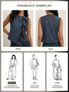 Nöista Áo tank top nữ gân sọc với cổ tròn cổ điển và chi tiết buộc dây phía trước, được thiết kế để tôn dáng và có thể điều chỉnh. Một món đồ đa năng và thoải mái, hoàn hảo cho những buổi đi làm hàng ngày hoặc những bộ trang phục mùa xuân và mùa hè dễ phối. - Màu xanh bụi bặm - Xem 8