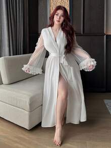 Dazy Plus Bata larga con abertura y manga larga transparente de unicolor y sexy en talla grande - Blanco - Ver 5
