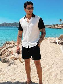 HIMLAND 男士撞色短袖衬衫和抽绳短裤休闲套装 - 彩色 - 查看 2