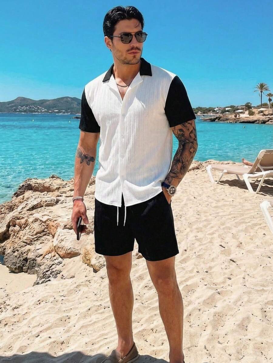 HIMLAND 男士撞色短袖衬衫和抽绳短裤休闲套装