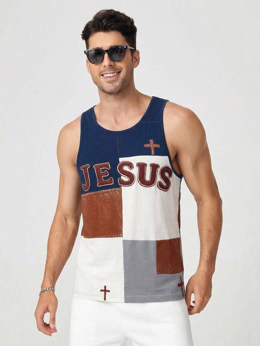 HIMLAND Áo tank top nam mùa hè kiểu dáng thường ngày, họa tiết chắp vá - Nhiều màu - Xem 1