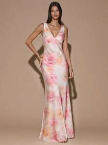 SHEIN BAE 极简纯色印花性感深V领无袖露背系带长款美人鱼连衣裙，适合派对、鸡尾酒会、正式场合、伴娘、生日、圣诞节、宴会等场合，黄色缎面长裙。 - 粉色 - 查看 6