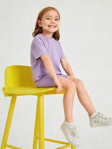 Young Girl 2pcs/Set Solid Color Round Neck Short Sleeve T-Shirt And Shorts Casual Outfit - Multicolor - View 3