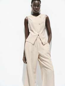 Lumivelle Bộ đồ nữ gồm áo không tay pha vải lanh và quần ống rộng thoải mái, thích hợp cho mùa xuân/hè. - Màu be - Xem 1