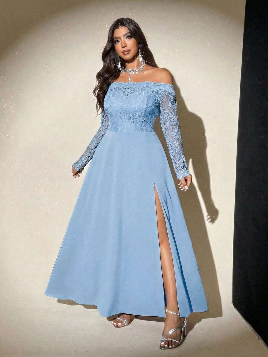 Viva Relle Sexy Fitted Off-Shoulder Mesh Long Sleeve Plus Size Dress - Blue - View 1