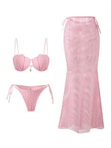 Swim Oasis Solid Color Shell Hard Cup Mesh Bikini Swimwear Set For Women - Pink - View 2