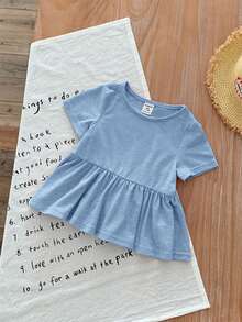 SHEIN LMoss Kids LMoss 女婴三件套休闲简约夏季纯色针织荷叶边短袖上衣 - 彩色 - 查看 9
