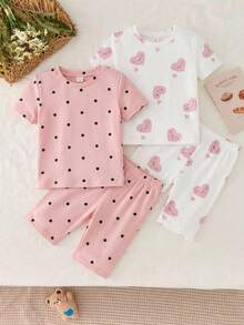 4pcs/Set Random Blind Box Casual Minimalist Snug Fit Round Neck Short Sleeve Shorts Pajamas, Suitable For Spring & Summer - Multicolor - View 2